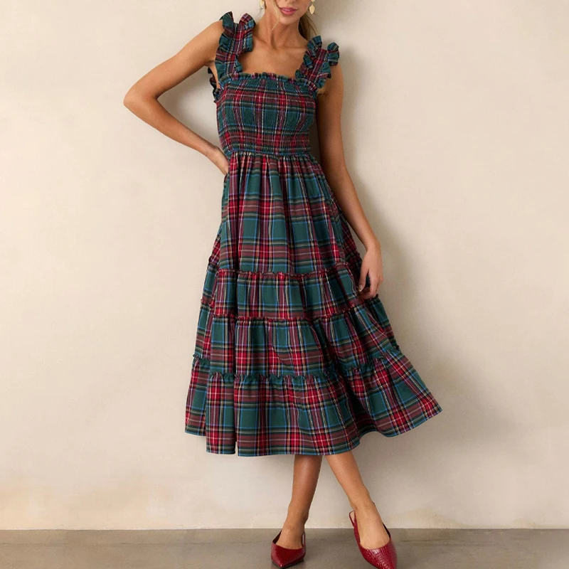 

Women's Maxi Dress Christmas Plaid Print Ruffled Sleeveless Checkered Empire Waist A Line Pleated Long Dress Flowy Party Dresses