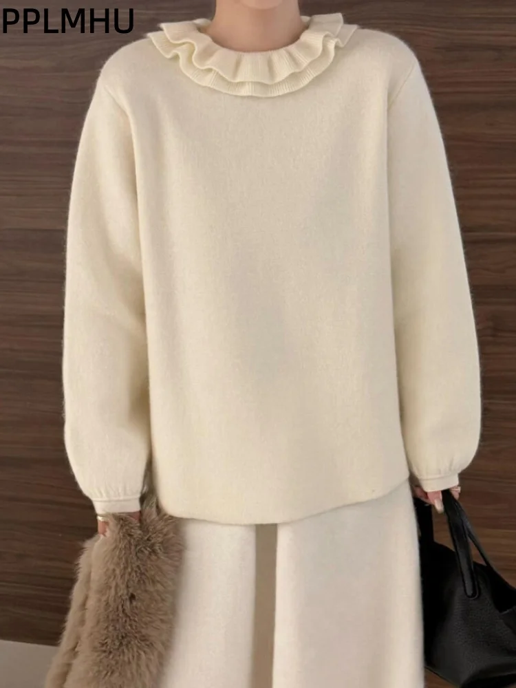 Fungus Edge Fashion Bottom Sweater Stand-Up Collar Baggy Knitted Pullovers Long Sleeved Soft Women's Casual Knitwear Sueter