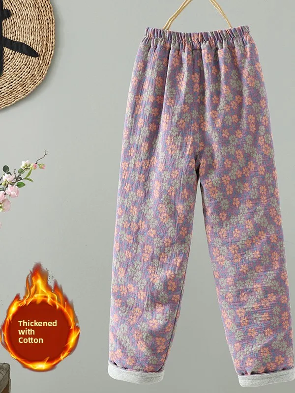 بنطلون قطني شتوي مطبوع بتصميم عتيق فضفاض مستقيم الساق للنساء ذوات المقاسات الكبيرة مريح وقابل للتنفس للارتداء اليومي