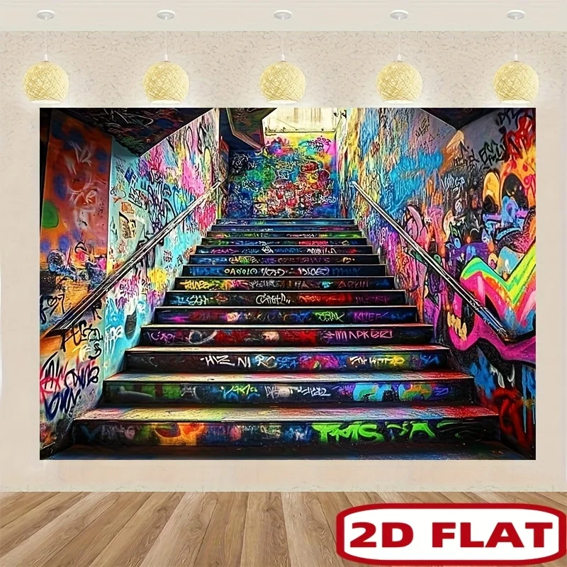 Graffiti Staircase Urban Street Art Colorful Murals Modern Cityscape Tapestry Wall Hanging Decor 2D Flat Background Cloth