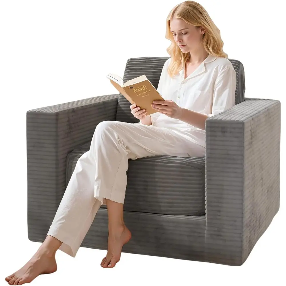 Sillón Puff Grande de Felpa con Almohadas y Reposabrazos para Sala de Estar y Dormitorio, Tela de Pana Gris