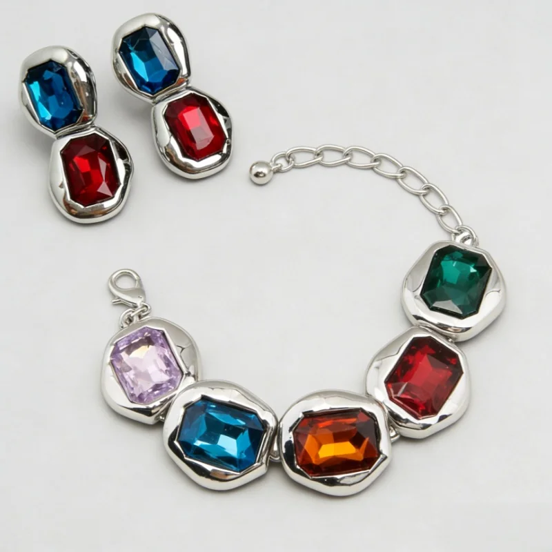 مجموعة أقراط سوار من الأحجار الكريمة المربعة هندسية ملونة مبالغ فيها للنساء مجموعة مجوهرات فاخرة أنيقة هدية للذكرى السنوية للحفلات