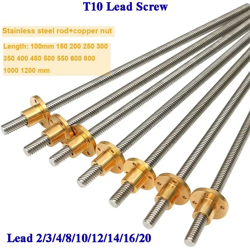 

T10 Lead Screw 304 Stainless Steel Tr10 lead 2mm 4mm 8mm T10 Trapezoidal Lead screw with Brass nut For 3D Printer Stepper Motor