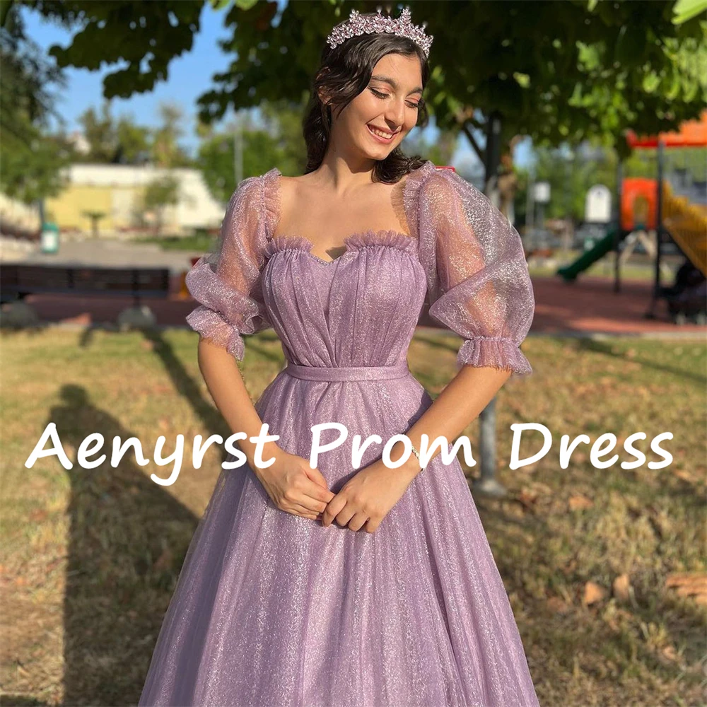 Aenyrst-Purple Querida Puff mangas Prom Dresses, A Line Organza, Split Evening Gowns, até o chão, elegante Birthday Party Dress