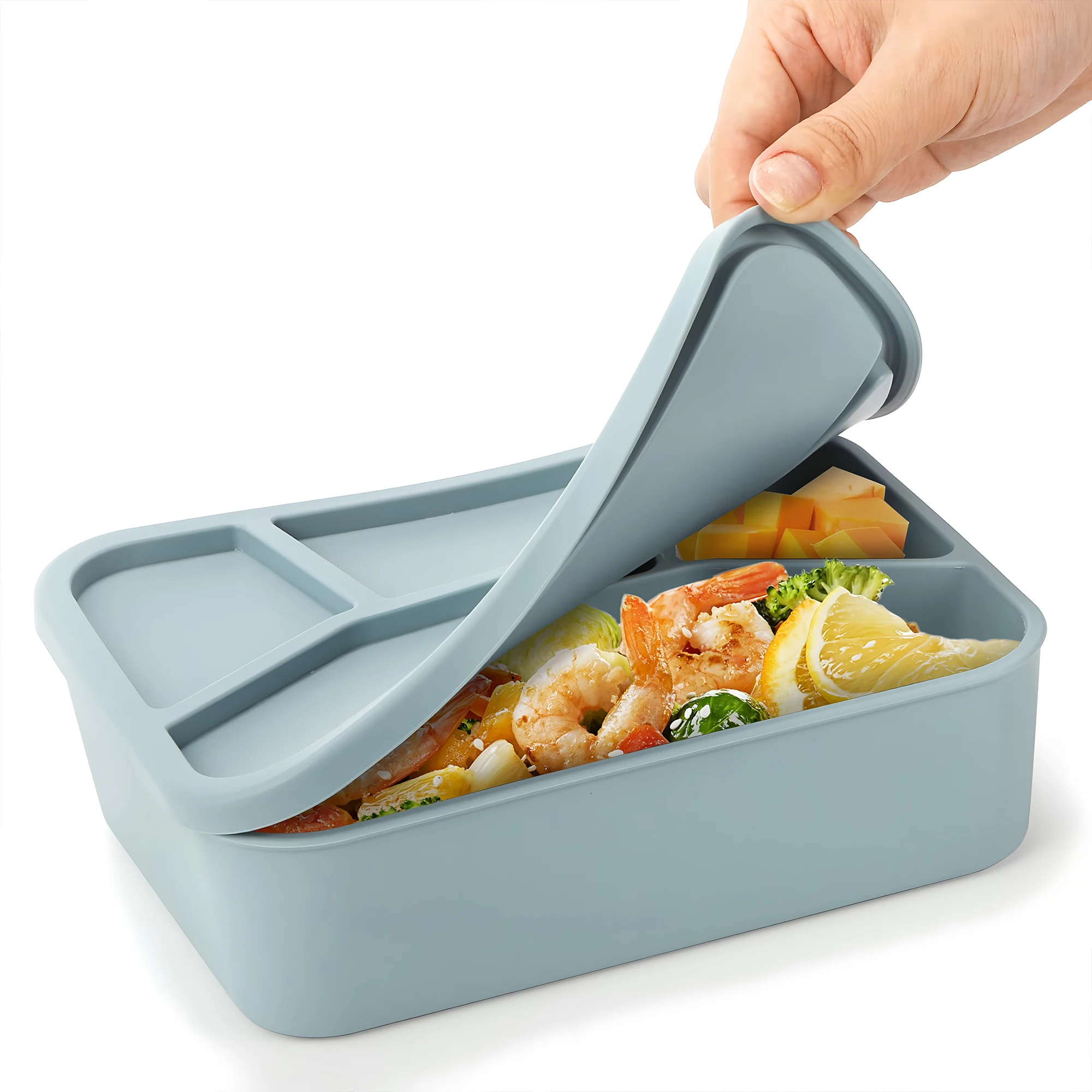 Silikon-Bento-Box, vier Fächer, wiederverwendbare Silikon-Lunchbox, verdickt und auslaufsicher, lebensmittelecht, unterteilter Lunchbehälter für unterwegs. – Detail 8