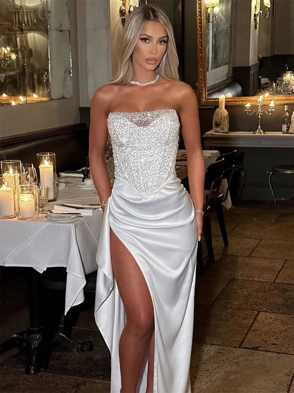 Shiny Sequined Sweetahrt Satin Sheath Wedding Dresses Side Slit Custom Made 2026 Vestido De Noival image 6