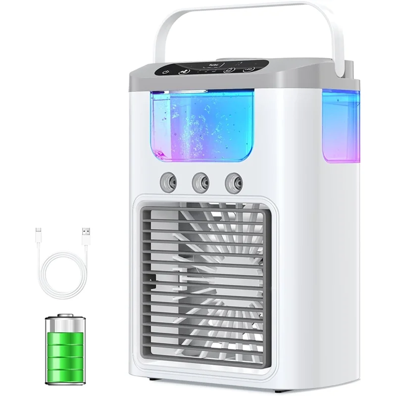 M14K-Mini Air Cooler Humidifier Quiet Portable Air Conditioner,Tabletop Evaporative Fan,7-Color LED Light For Home,Office
