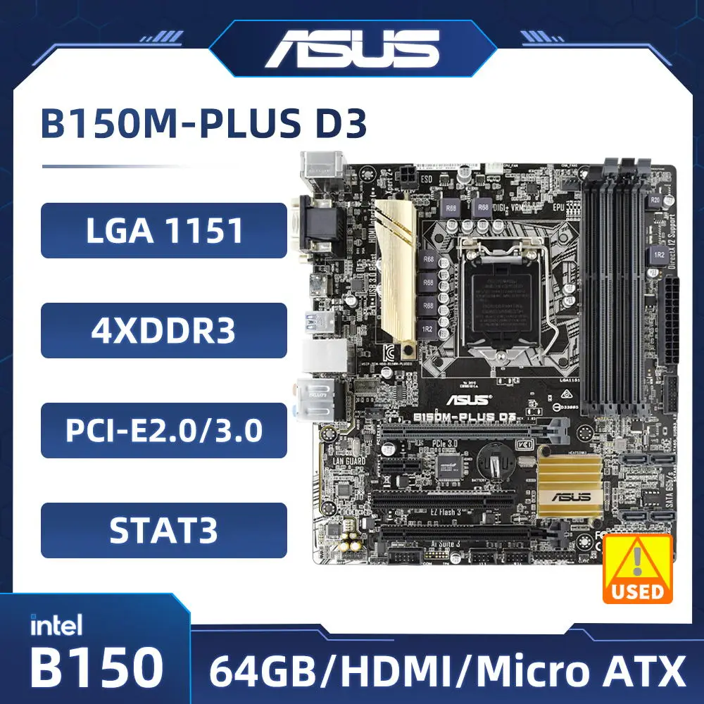 

ASUS B150M-PLUS D3 Motherboard LGA 1151 Intel B150 DDR3 64GB support Core i3-6300T i5-6500 i7-6700K G3930 i3-7100 cpu Micro ATX