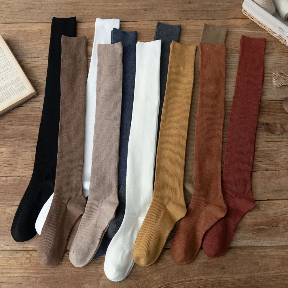 Winter Women Warm Knee High Long Cotton Knitting Stockings Girls Cute Fashion Coffee Color JK Japanese Style Thigh High Socks