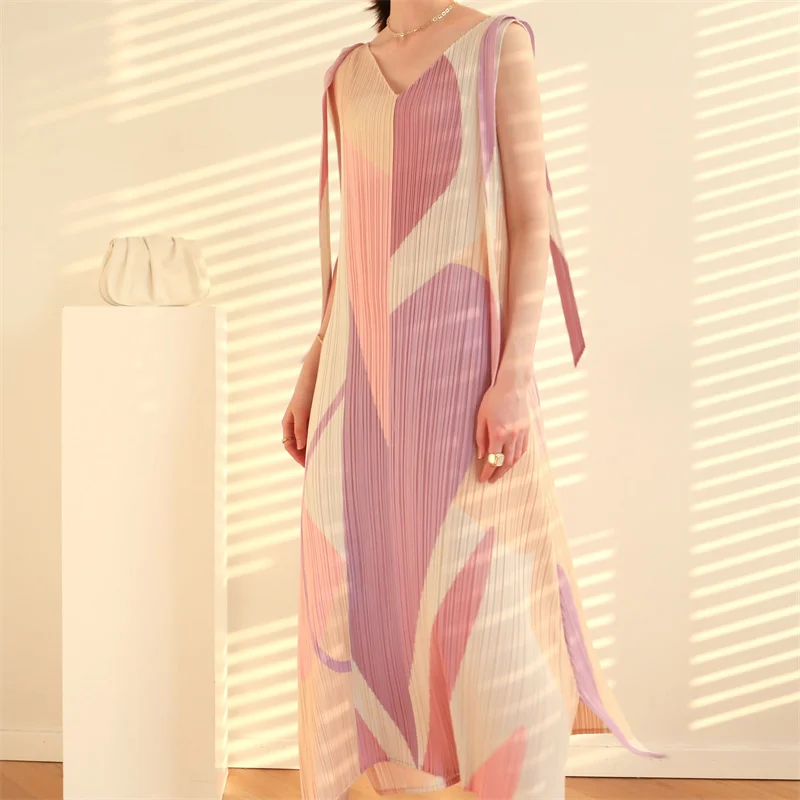 

Long Dresses New Evening Dresses Strap Xia Xin Printed A-shaped Hem Split V-neck Loose Sleeveless Dress Ribbon Long Fairy Skirt
