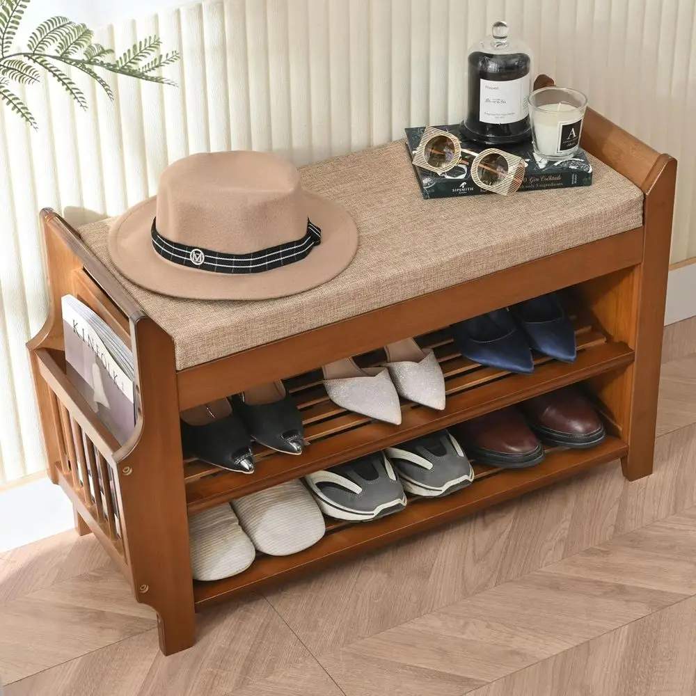 Bamboo 2-Tier Shoe Storage Bench Organizer for Entryway, Hallway, and Living Room