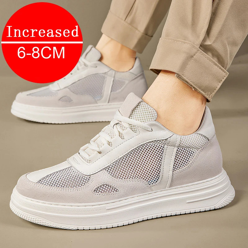 Men Genuine Leather+mesh Increase 6CM 8CM Heightening Shoes Hollow Out Casual Mesh Sneakers Summer Footwear Mesh Breathable Shoe