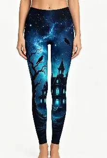 Women Mid‑Rise Fleece Lined Leggings, Halloween Starry Sky Haunted House Crow Dead Tree Print Slim Stretch Pants