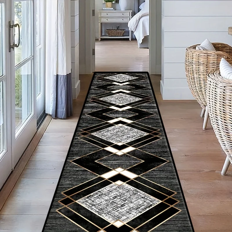 VIKAMA Black Gold Diamond Pattern Rug Durable and Machine Washable Hallway Runner Mat Kitchen and Laundry Room Rug Home Decor