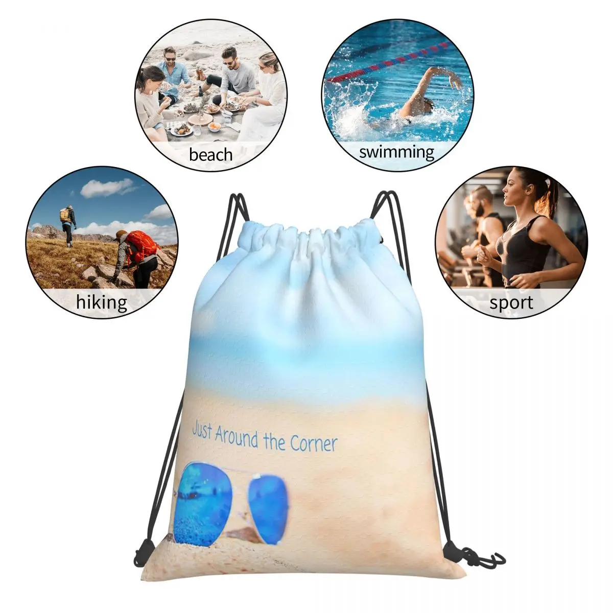 Just Around The Corner, At The Beach Backpacks Drawstring Bags Drawstring Bundle Pocket Sports Bag Book Bag For Man Woman School