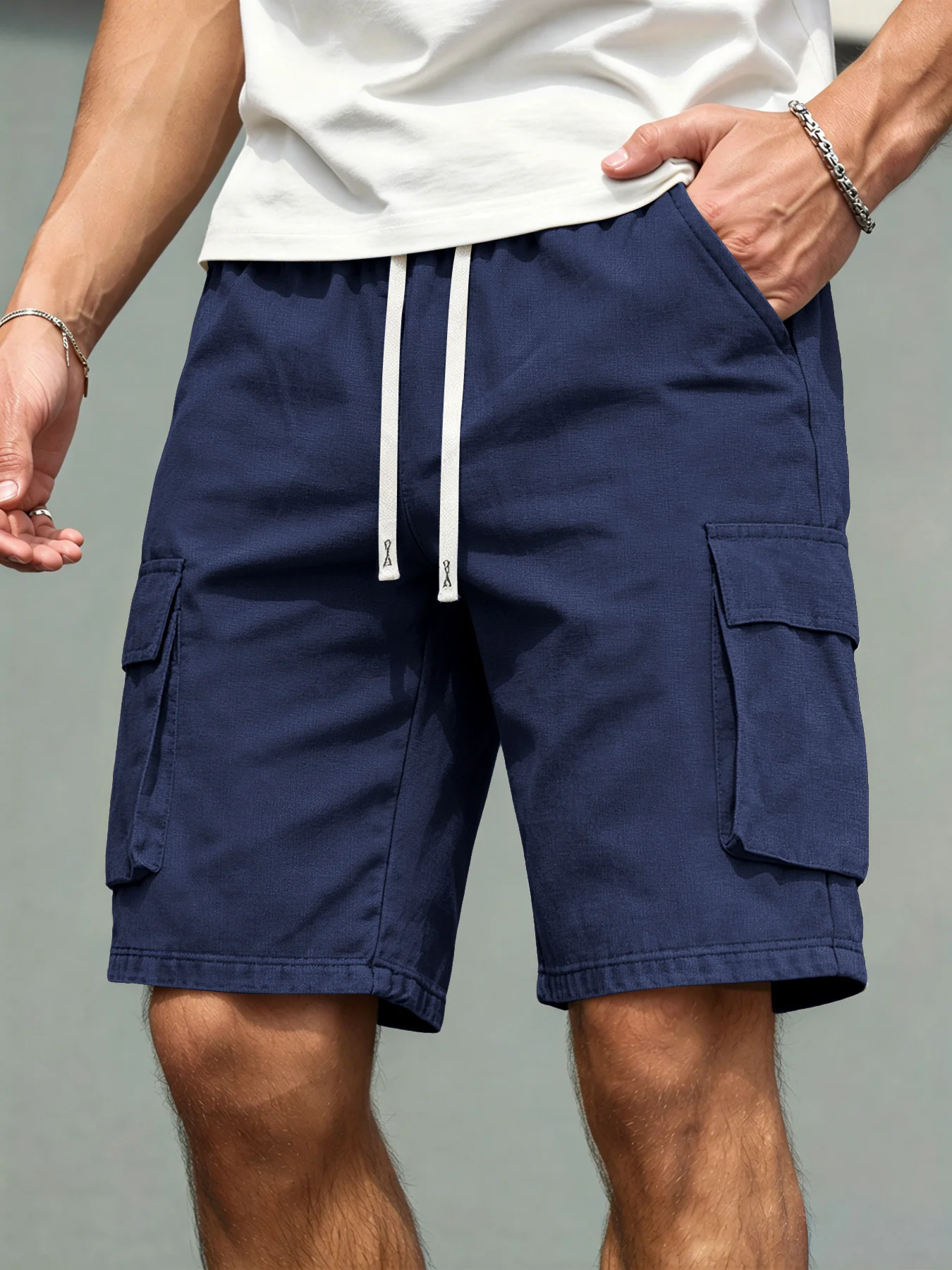 2026 Men's loose linen straight-leg pants, casual multi-pocket work shorts, high-end drawstring daily shorts