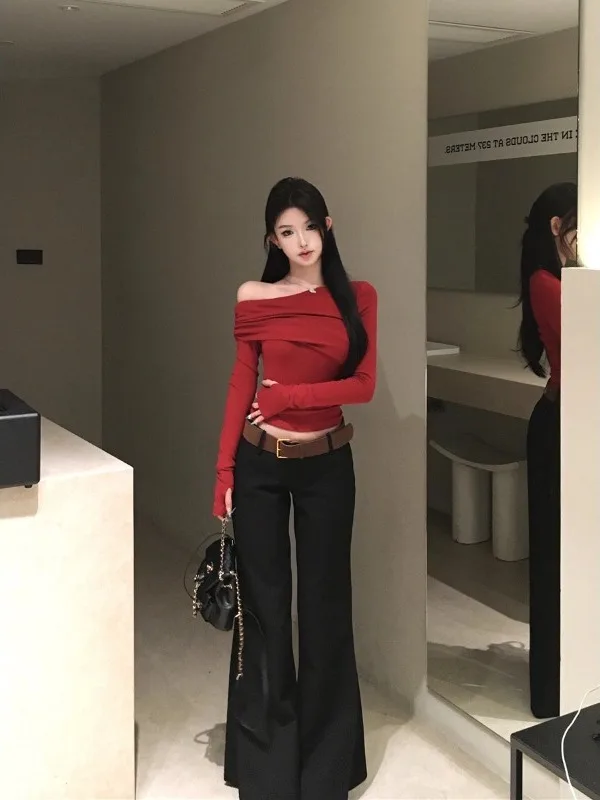 

plus Size Spicy Girl Long Sve T-irt Women's Autumn Winter Pleated Slim Fit Base irt Pure Desire Slimming Waist Inward Top