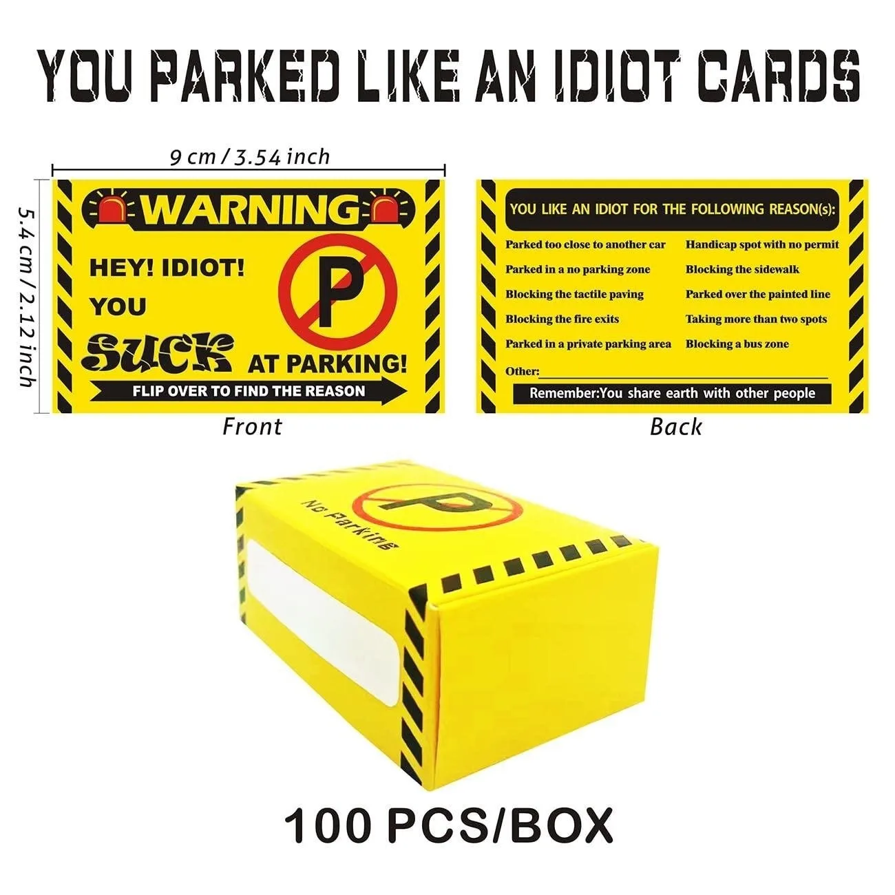 50 Business Cards You Park Like an Idiot, Writable Bad Parking Cards, Multi-Cause Illegal Parking, Permit Zone Violation Warning