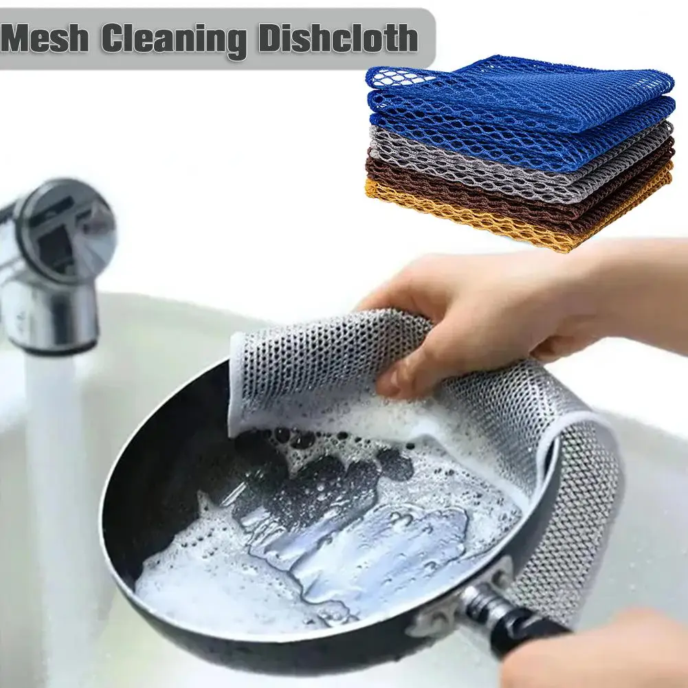 Mesh Cleaning Dishcloth Kitchen Cloth Thickened Cleaning Oil Towel Microfiber Rag Wash Supplies Non-stick Household Use X8J7