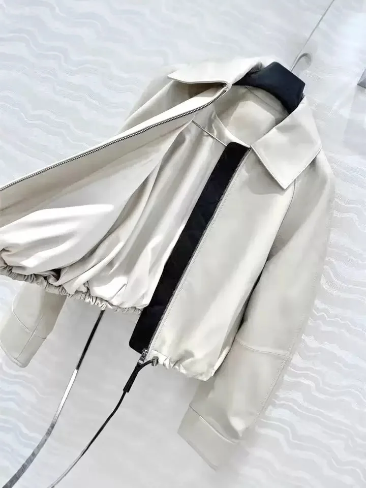 Abbigliamento in vera pelle per donna Cappotto corto con silhouette con coulisse bavero Giacca da donna con palloncino in vera pelle di pecora Bomber Femme