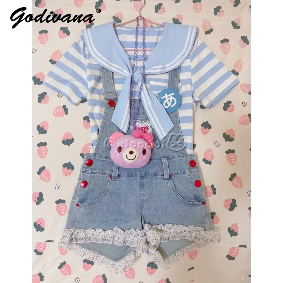 

Girls Cute and Sweet Kawaii Sailor Collar Striped Short Sleeve 2pcs Sets Kids Summer Lace Hem Denim Overalls Y2K Lolita Outfit