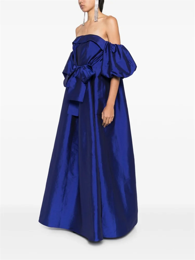 Customized Bardot Neckline Open-Shoulder Short Puff Sleeves Straight Satin Evening Dress Open Back Floor Length Gown For Women