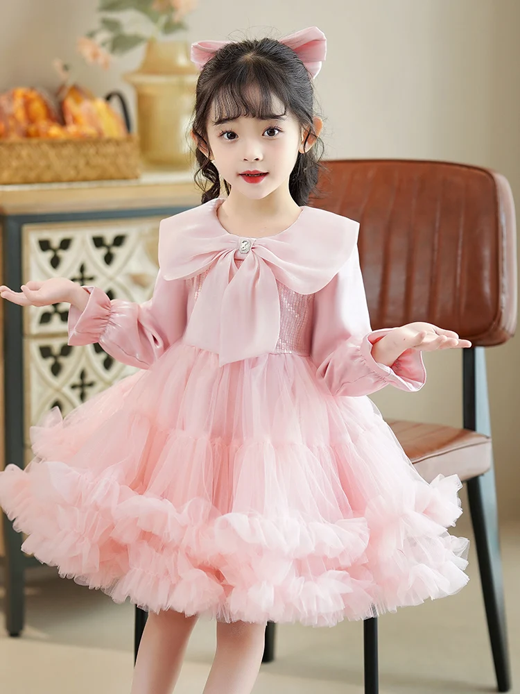 プリンセススタイルガールズドレス春秋ファッションチュールスカート子供用長袖ミディスカートソフトポリエステル生地蝶結び