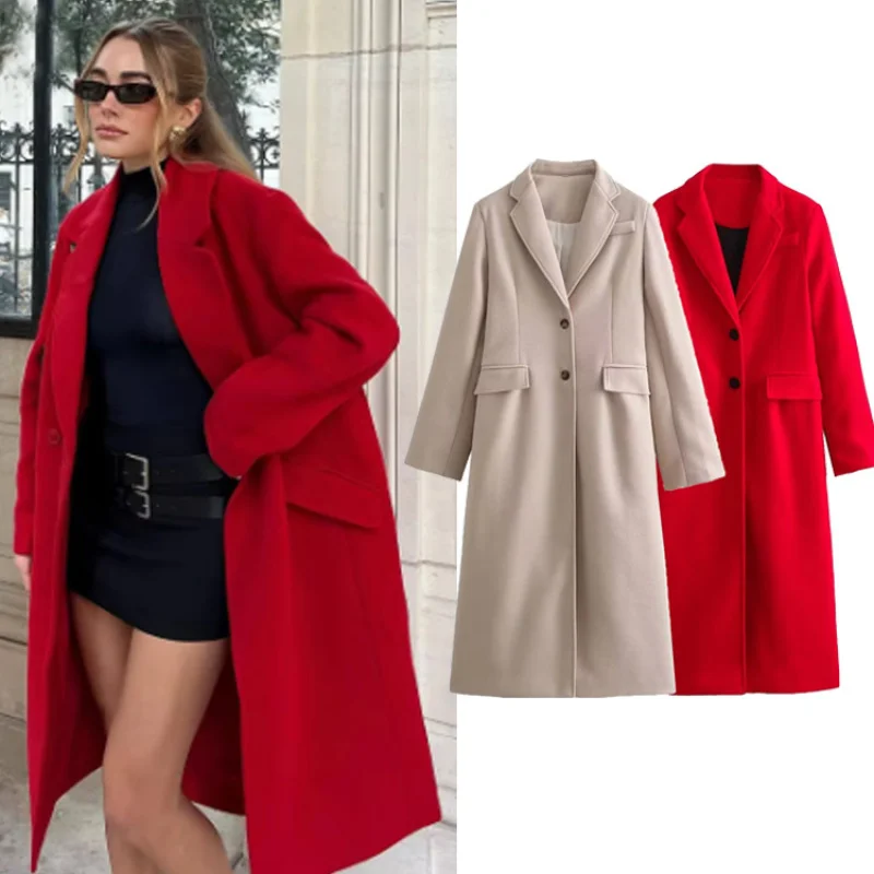 

AliExpress Autumn Winter New Red Minimalist Commuter Casual Turn-Down Collar Long Sleeve Slim Coat Jacket