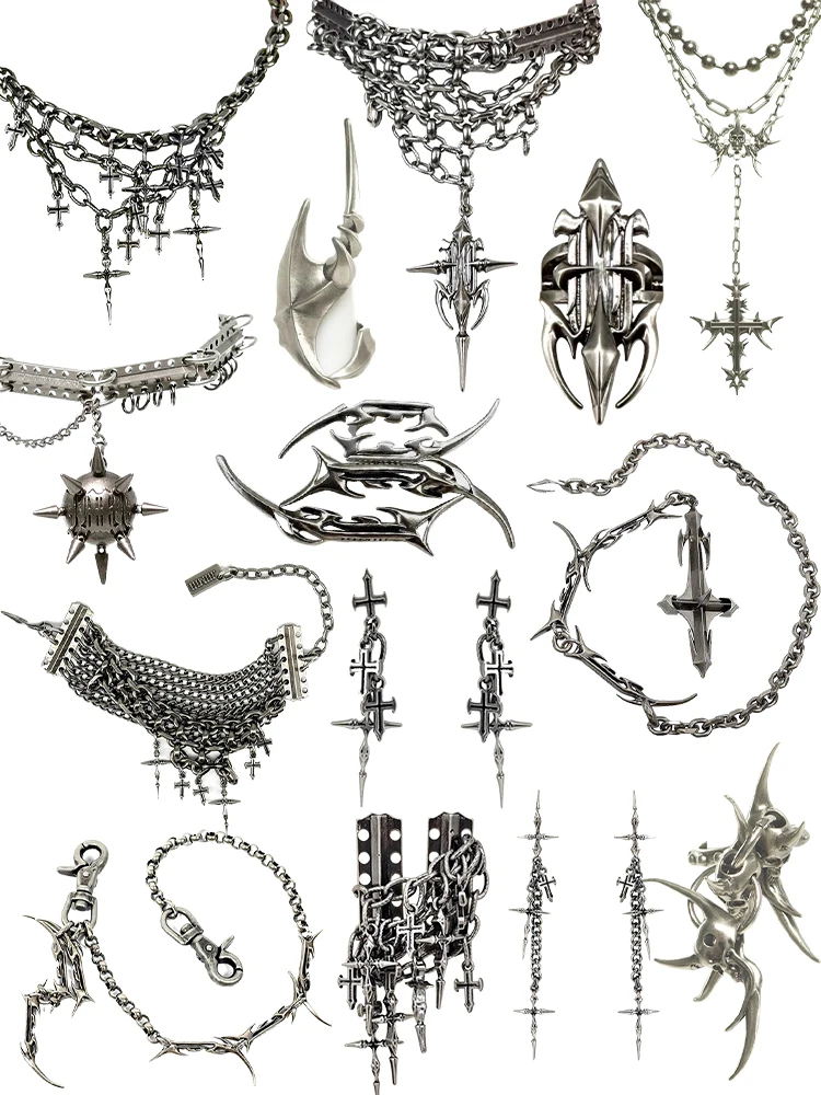 Punk Rock Jewelry Set for Women Men, Gothic Cross Charm Chains & Rings, Bold Statement Jewelry Accessories Collection