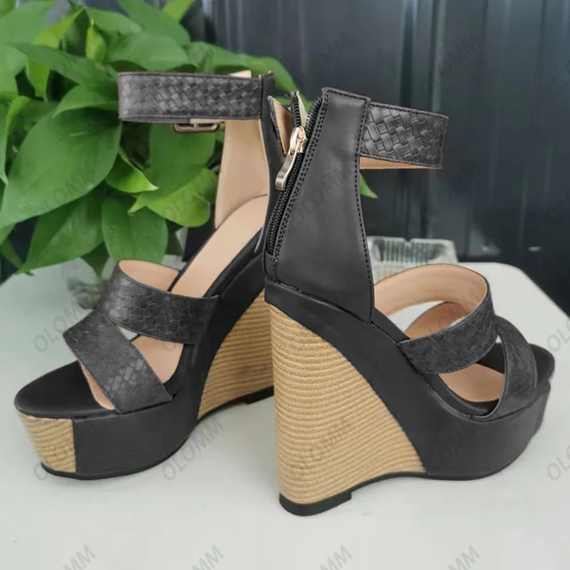 

Olomm Женские босоножки ручной работы на платформе Босоножки на танкетке с открытым носком Красивые коричневые черные винно-красные туфли Женские американские большие размеры 5-20