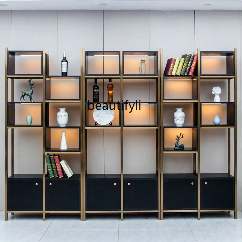 zq Italian Light Luxury Bookshelf and Storage Shelf Floor Living Room Metal Bookcase Office Display Stand Wall with Light