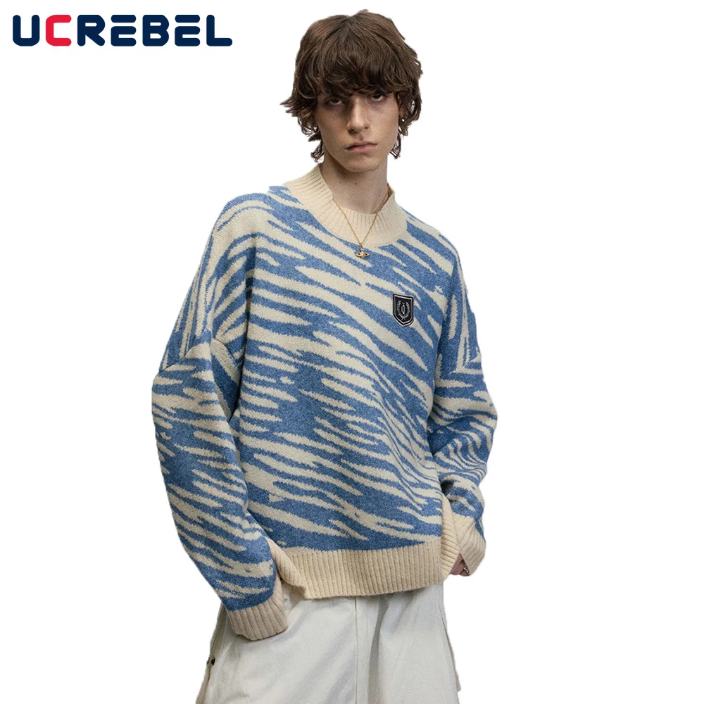 Zebra Pattern Jacquard Sweater Mens Embroidery Autumn Winter High Street Loose Long Sleeve Crew Neck Drop Shoulder Pullover