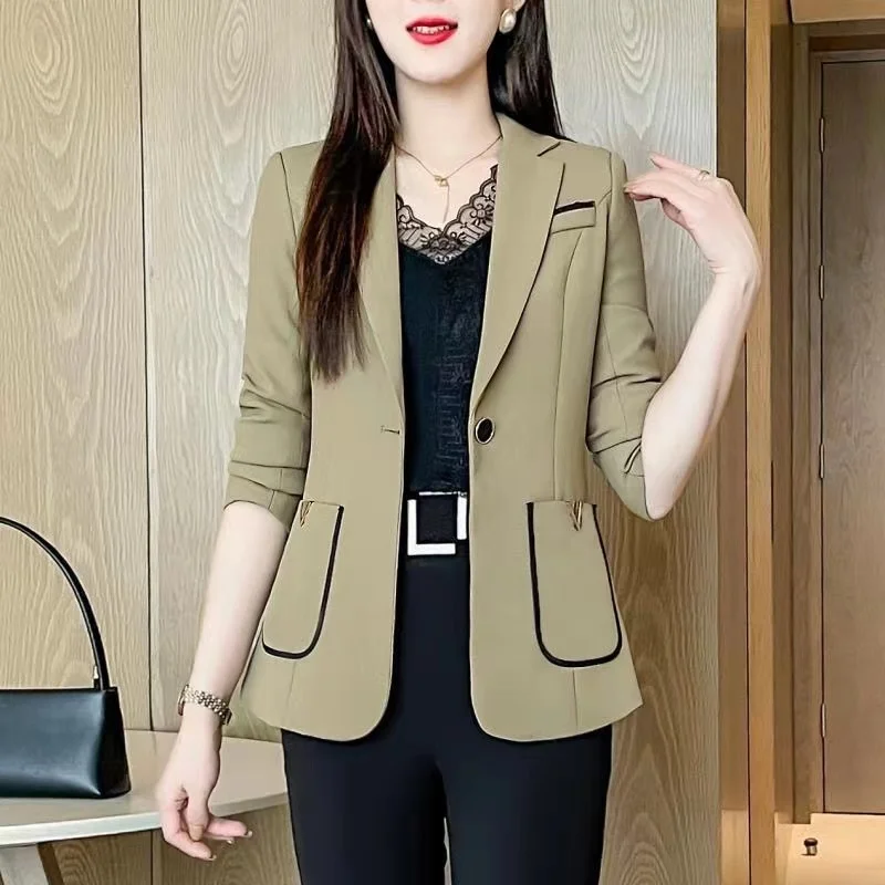 

High End Commerce Office Suit Jacket Women's 2024 New Spring Autumn Outerwear Top Casaco Feminino Khaki Black Suit Coat