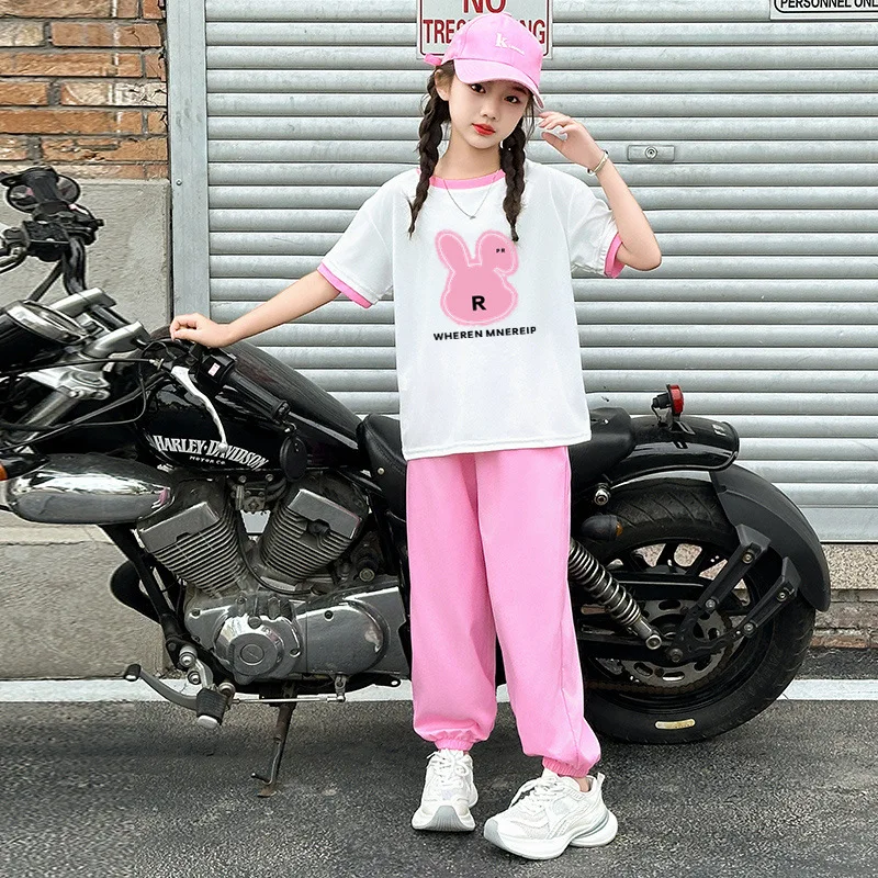2026 summer girls Clothes Children Suit Teenager bunny letters short sleeve top t-shirt + ankle-tied pants 4 8 10 11 12 year