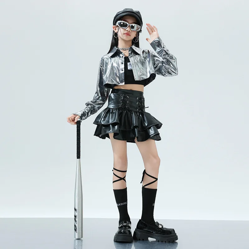 Girls K-pop Silver Jacket Leather Tiered Skirt Cargo Pants Clothes Set Kids Hip Hop Street Dance Costumes Child Teens Streetwear