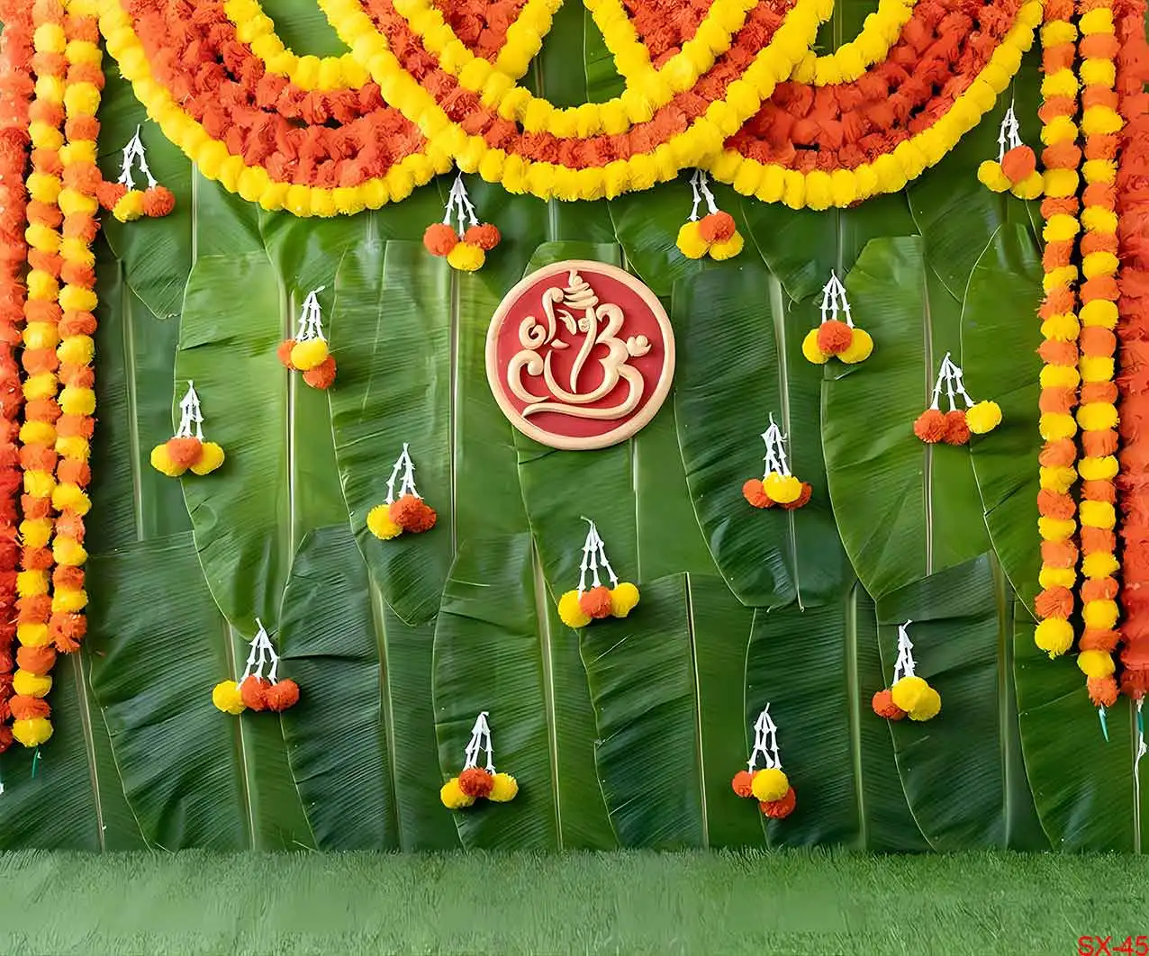 India Traditional Wedding Backdrop Yellow Flower Curtain Background for Hindu Indian Wedding Decor Marigold Puja Ganpati Wedding