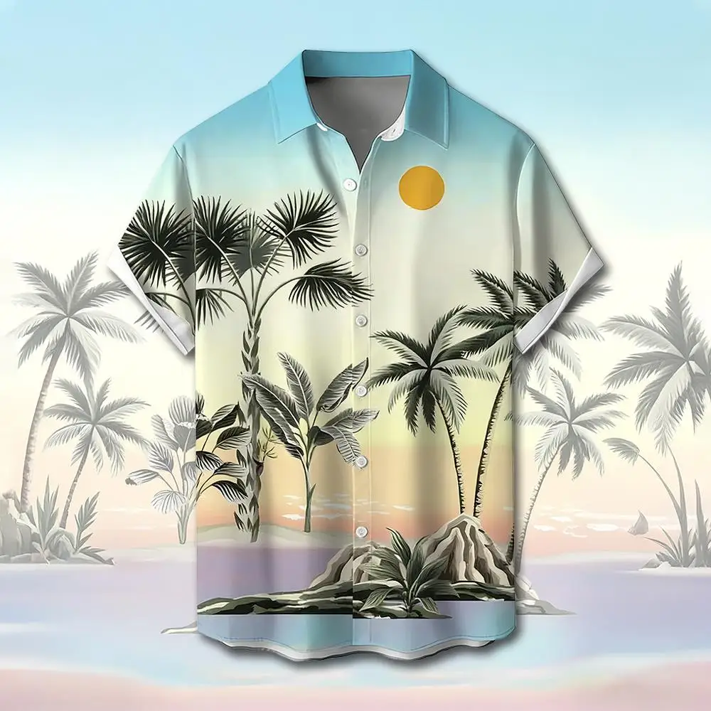 Summer Vacation Casual Hawaiian Shirt Palm Tree 3D Print Beach Shirt Men Women Lightweight Breathable Lapel Collar Button Tops