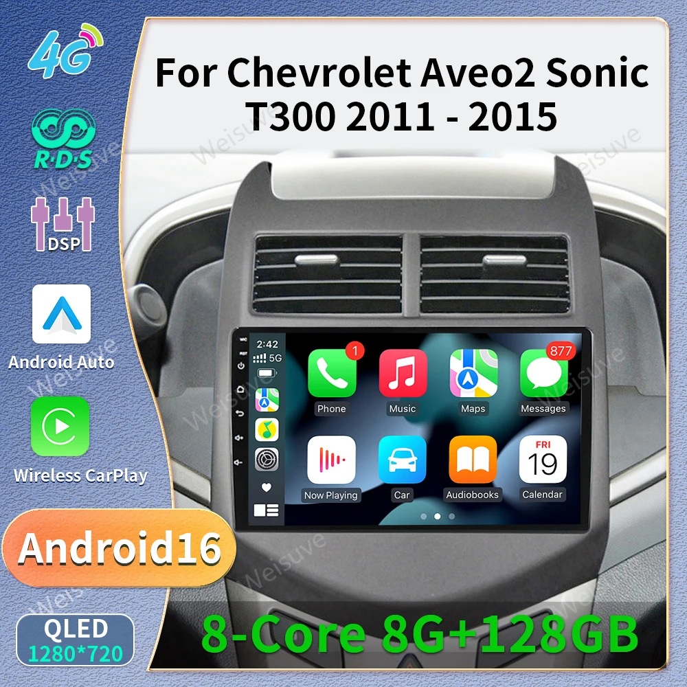 Radio para Auto Android 16 con CarPlay, Reproductor Multimedia para Chevrolet Aveo 2 Sonic T300 2011-2015, Navegación GPS, Estéreo 2DIN