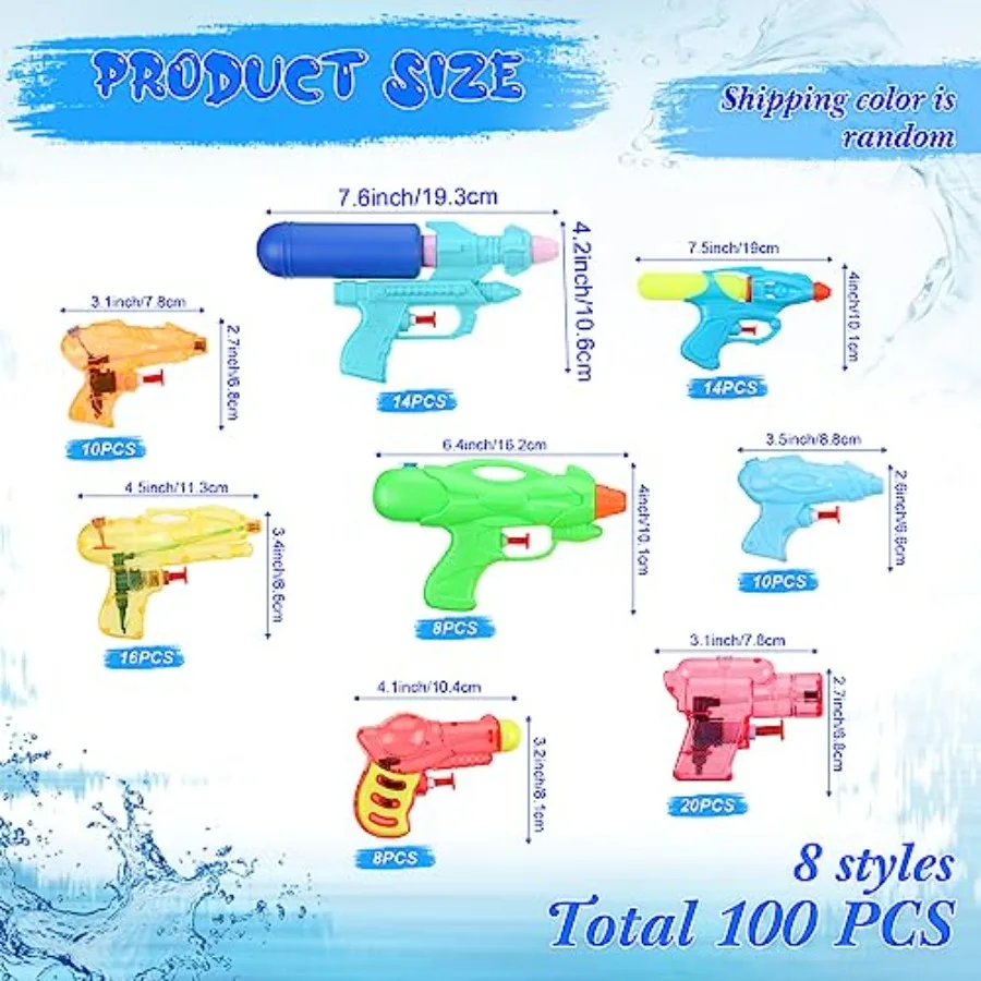 100 Pcs Water Guns for Adults Bulk Assorted Colors Mini Water Gun Party Favors for Summer Outdoor Squirt Fighting Beach Game Po
