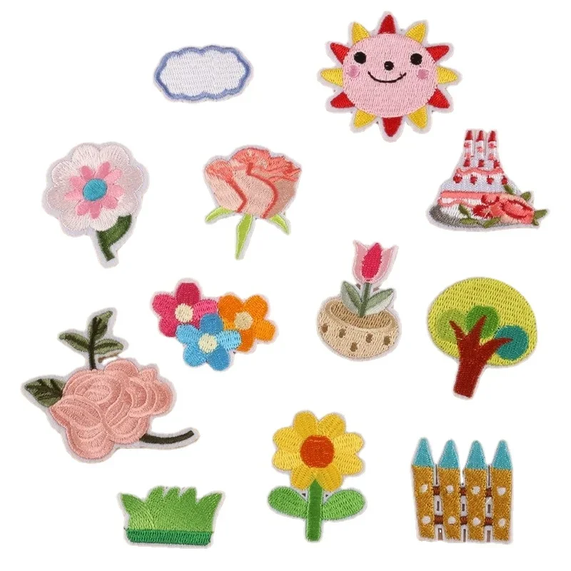 

100pcs/Lot Small Luxury Embroidery Patch Lily Sunflower Grass Fence Tree Cloud Clothing Decoration Accessory Craft Diy Applique