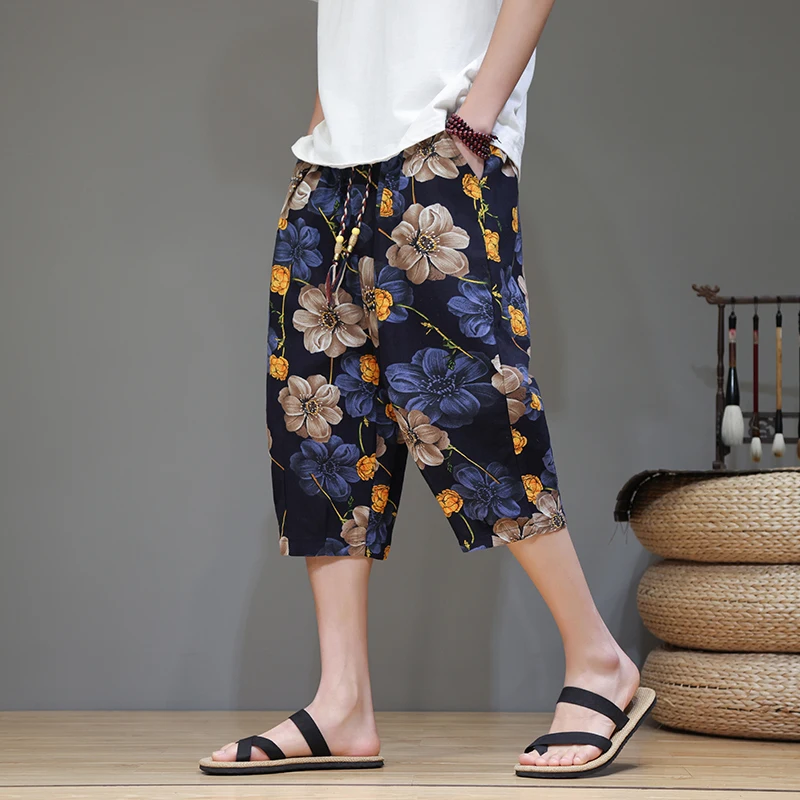 2025 Harajuku Summer Loose Calf Length Casual Pants Men Wide Leg Flower Print Baggy Pants Oversize Men Beach Trousers