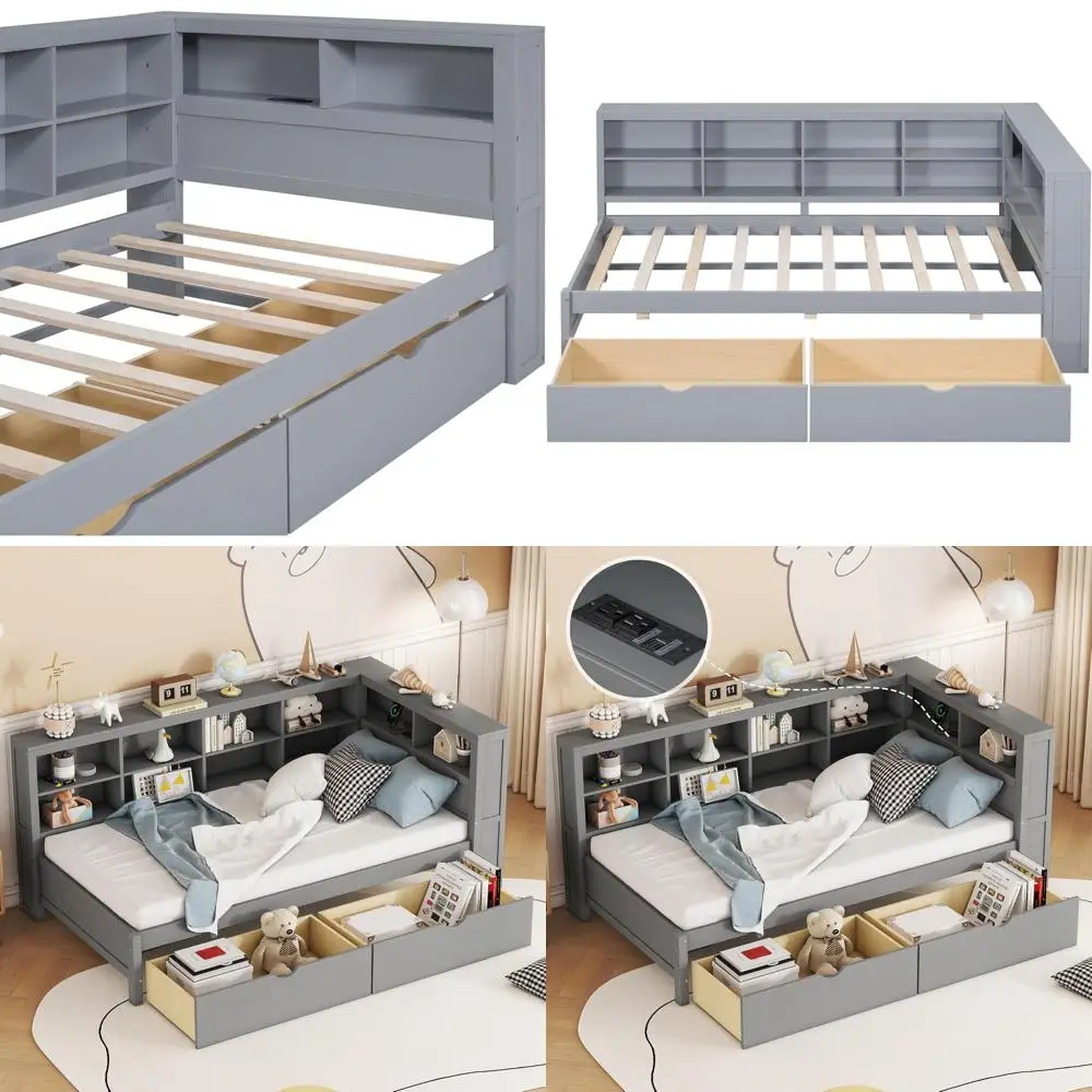 

Gray Twin Bed with Storage Drawers, L-Shaped Daybed with USB Ports, and Bookcase for Kids and Teens Bedrooms and Living Rooms