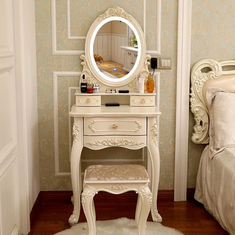 Luxo alças Dressing Table com gavetas, Quarto de madeira, Penteadeira branca, luzes gavetas, Chiffon Móveis