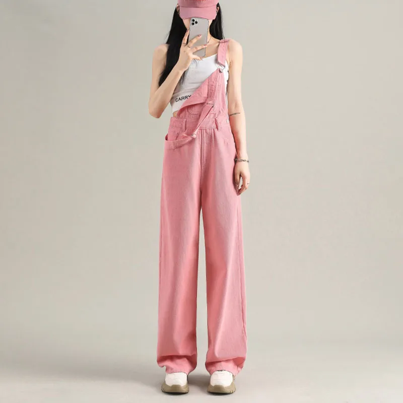 Chic Korean Pink Denim Jumpsuit Women Summer Autumn High Waist Pockets Jumpsuits Combinaison Femme Sexy Overalls