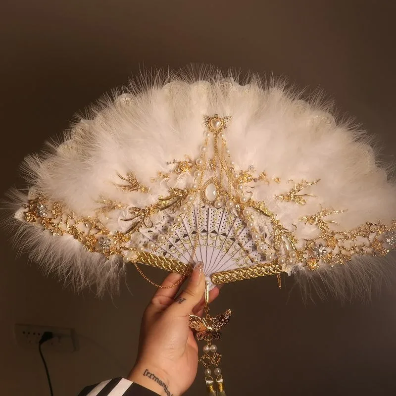 Feather Fan Lolita Dance Cheongsam FashionShow Folding Fan Vintage Hanfu Fairy Lace Photography Prop Stage Performance Accessory