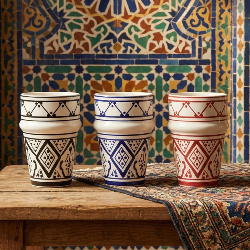 New Arrival Moroccan Ceramic Coffee Mugs, North African Boho Light Luxury Ceramic Teacup Set for Home, 300ml/Pcs, 2 Pieces/Set