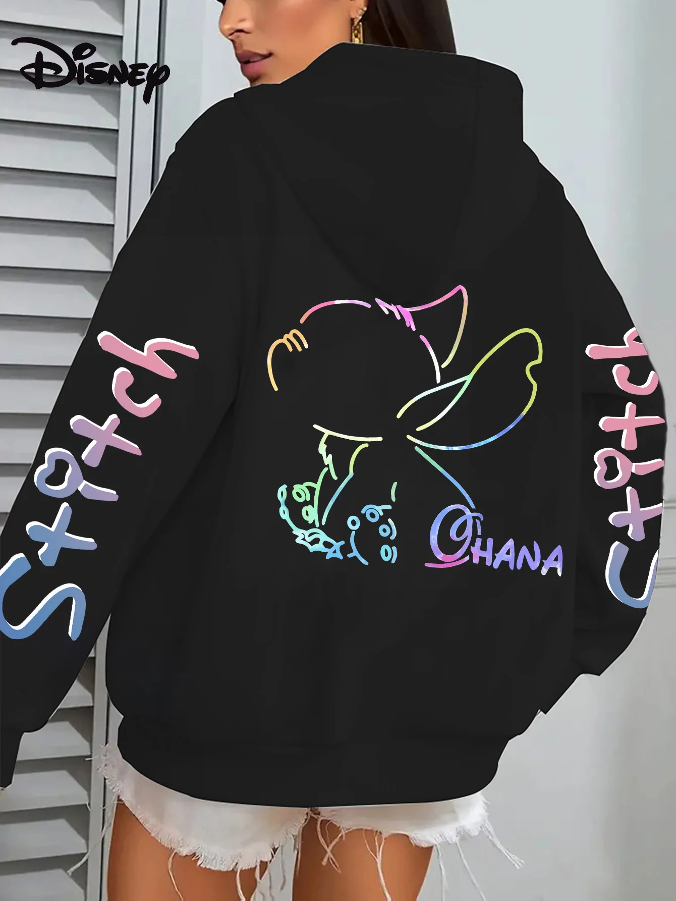 유니섹스 디즈니 릴로 스티치 코튼 플리스 후디 블랙, 컬러풀한 만화 외계인 윤곽선 백 프린트 및 소매 텍스트 디자인