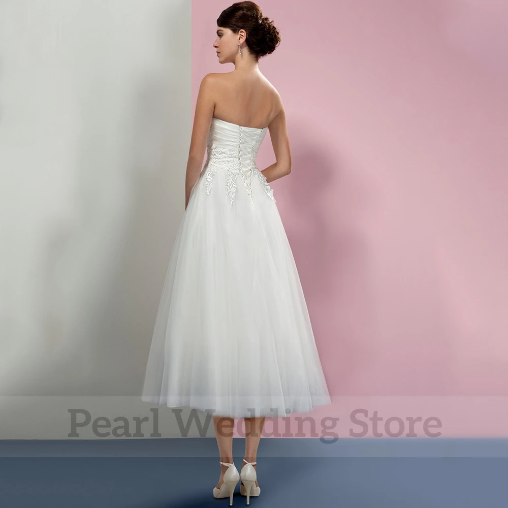 Robe de Mariée Plissée en Satin et Tulle Classique, Ligne A, Mi-mollet, Dos Ouvert, en Dentelle, pour Patients Civiles