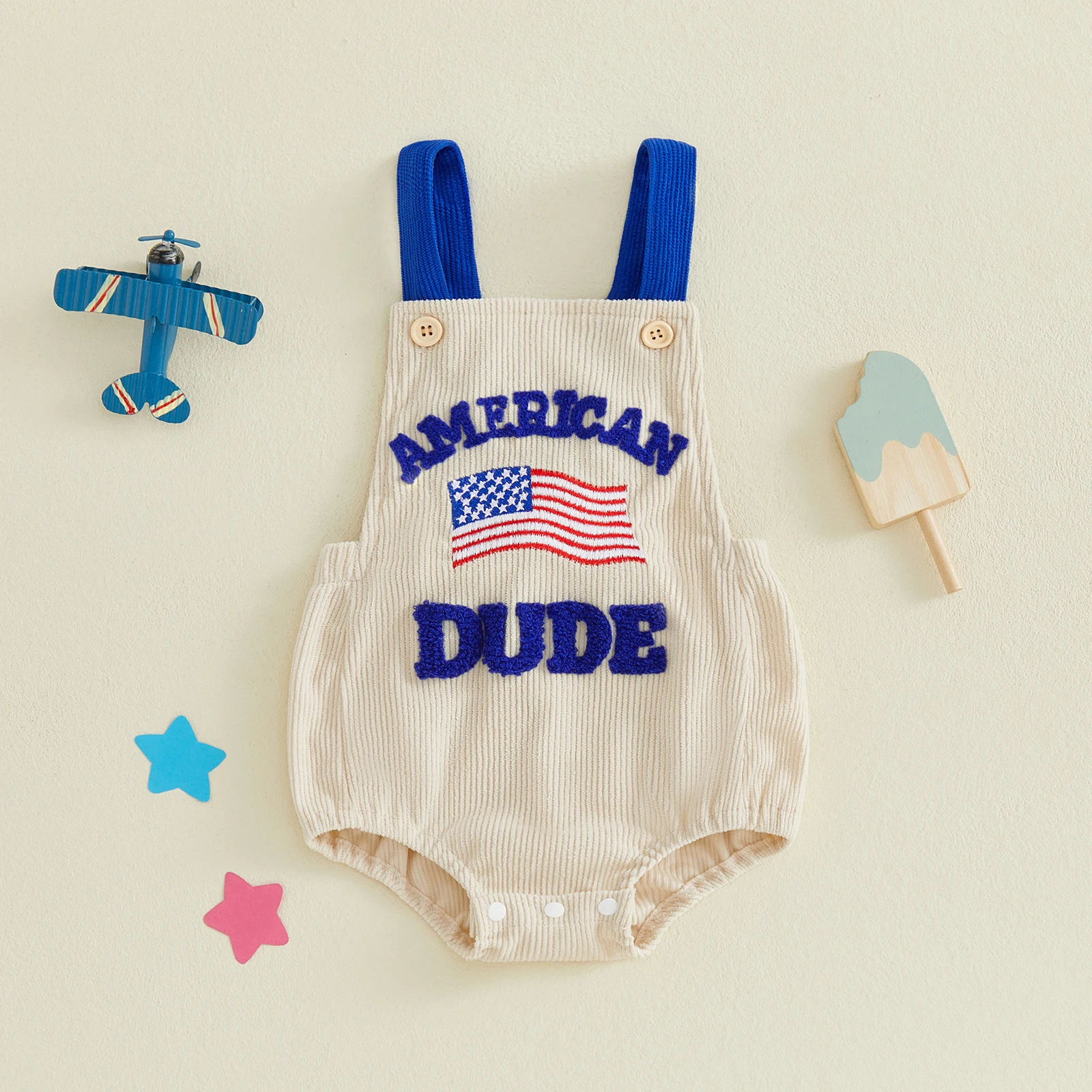 Baby 4th of July Outfit Lettered Flag Embroidery Patriotic Boy Sleeveless Overalls Romper Jumpsuit for Toddler