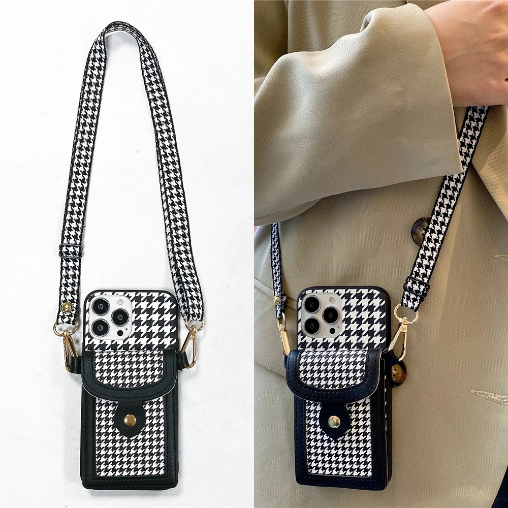 Luxury Korean Houndstooth crossbody strap lanyard Phone Case For iPhone 11 12 13 Pro Max XR XS 7 8 Plus card holder wallet Cover